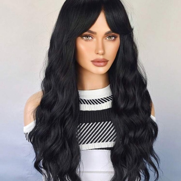 30in Long Black Wavy Wig with Bangs - Picture 2 of 4